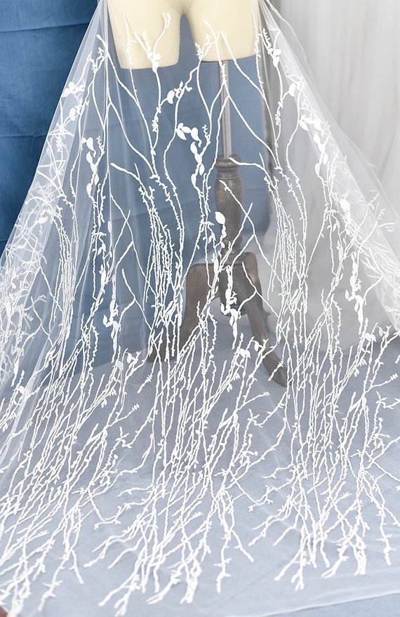 bridal Lace Fabric, off white embroidered tulle lace fabric, retro floral lace, mesh lace fabric, bridal dress lace fabric with branch