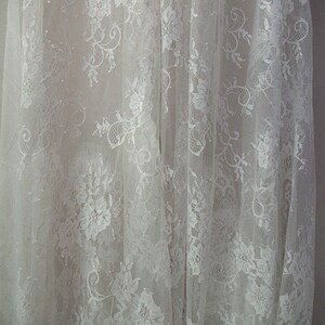 May include: White lace fabric with a floral pattern. The lace is delicate and has a soft, flowing texture.