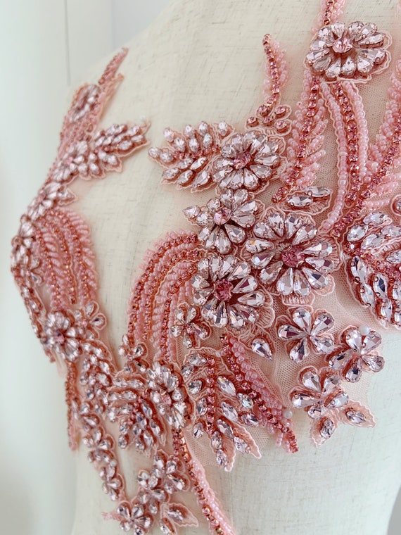 Pink Rhinestone applique, sparkle crystal applique, crystal bodice patch, handmade couture supplies, dance costume supplies