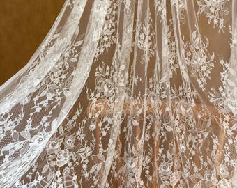 Off White Chantilly lace fabric with fringes scalloped for wedding dress veil bridal robe