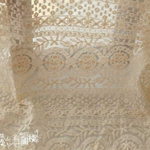 cream Embroidered Organza Lace Fabric, retro floral lace, cotton embroidered lace fabric, lace curtain fabric by the yard