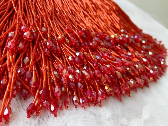 Red bead Fringe trim for haute couture, dance costume trim | 5.9 inches
