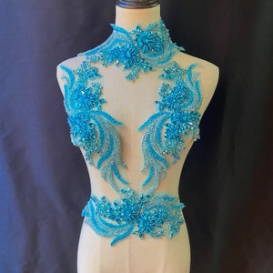 Vivid blue French bead applique, crystal bodice patch, heavy bead applique for couture