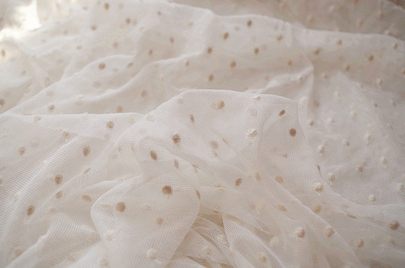 ivory cream Lace fabric with polka dots, Embroidered tulle lace fabric with cotton dots, cream mesh lace fabric with polka dots