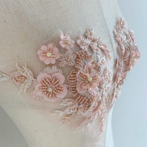 2 pcs peach bead applique with 3d flowers, 3d petals flower patch