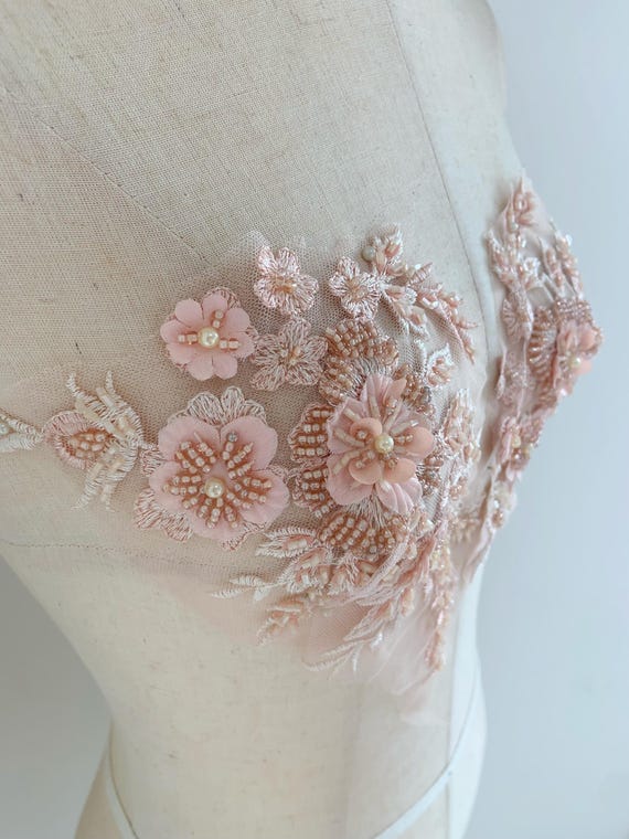 2 pcs peach bead applique with 3d flowers, 3d petals flower patch