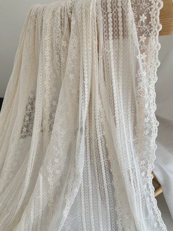 ivory embroidered tulle lace fabric with elegant florals stripes, beige mesh lace fabric, retro style curtain lace fabric