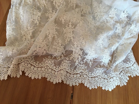 ivory  Lace fabric with retro flower Embroidery, embroidered tulle lace fabric, ivory mesh lace fabric