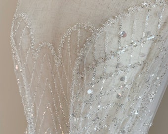 Sparkle French bead tulle lace fabric for bridal dress, heavy beaded and sequined mesh fabric for wedding gown
