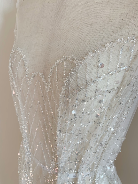 Sparkle French bead tulle lace fabric for bridal dress, heavy beaded and sequined mesh fabric for wedding gown