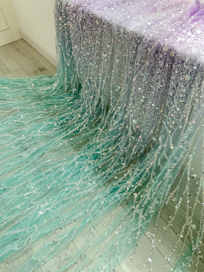 Aqua green Sparkle bead tulle lace fabric for bridal dress, Dip dye bead fabric with gradient colors with florals vines for bridal dress image 7