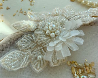 3d ivory bead embroidery patch for dress alteration, beadwork flower millinery supplies