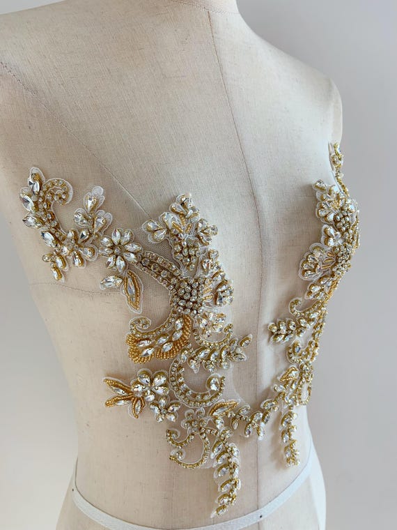 Gold rhinestone appliqué, delicate handcrafted rhinestone patch for couture, dress, dance costume