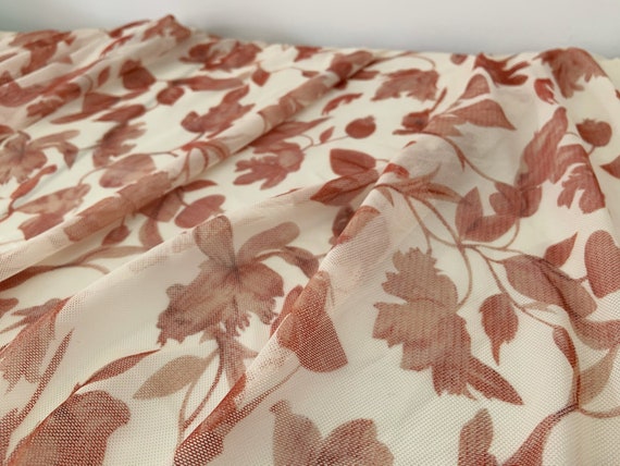 Printed 4 way stretchy mesh fabric with red maples, ivory power mesh fabric with printed florals, elastic mesh fabric for skintight dress