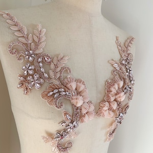 Peach pink Rhinestone applique with 3d lily of the valley for couture and dress
