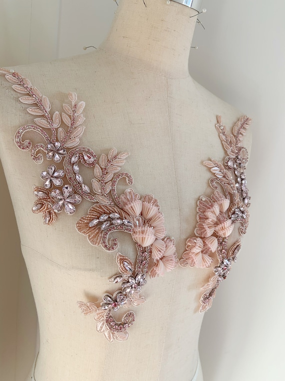 Peach pink Rhinestone applique with 3d lily of the valley for couture and dress