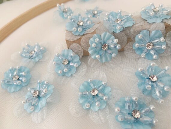 5 pcs light blue handcrafted flowers applique, handmade flowers petals with rhinestone and beads