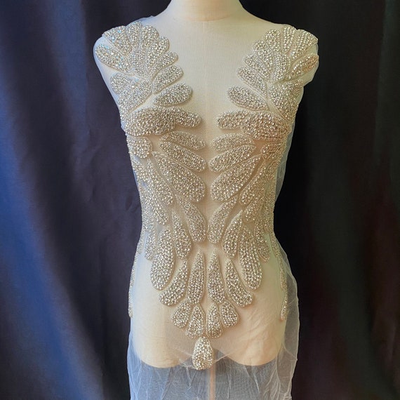 Silver Rhinestone bodice applique, rhinestone dress, crystal applique for couture, dress, costume, prom dress