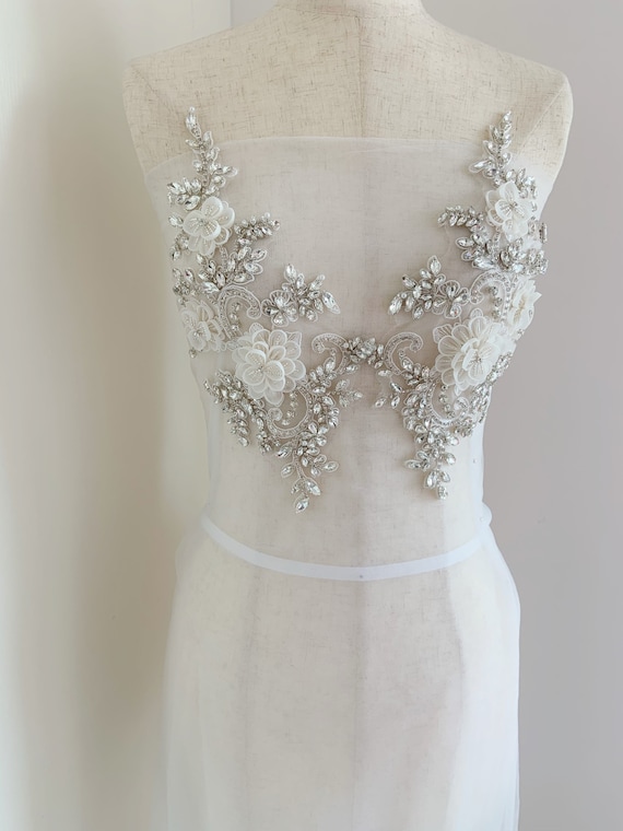 French applique with handcrafted florals, 3d flowers rhinestone bodice patch for couture and bridal dress
