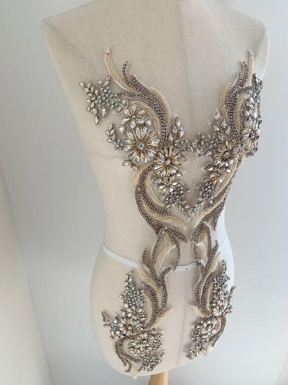 Beige rhinestone applique for couture dance costume, crystal bodice patch for dress