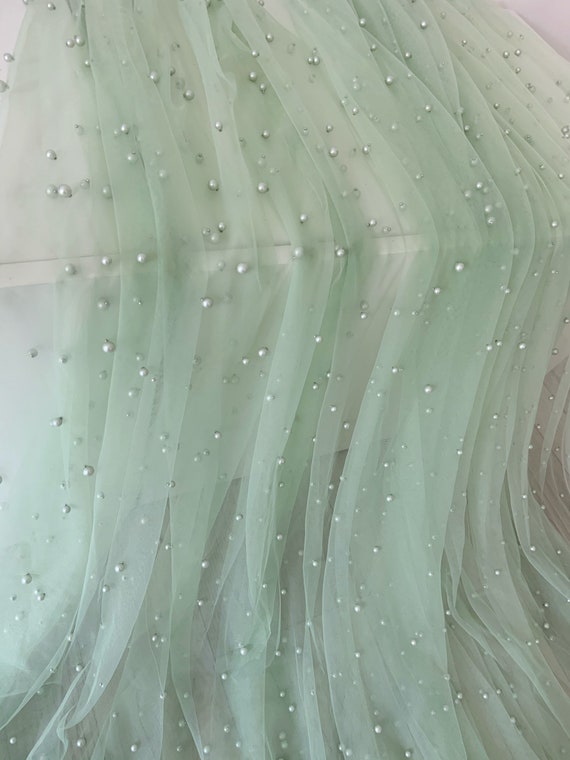 sage green pearl bead tulle fabric, fine swiss tulle fabric with pearls for bridal veils, bridal dress, photograph prop, backdrop