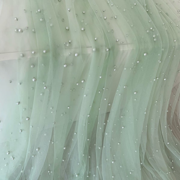 sage green pearl bead tulle fabric, fine swiss tulle fabric with pearls for bridal veils, bridal dress, photograph prop, backdrop