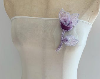Purple bead tulip applique for dress alterations, tambour beadwork flower for millinery supplies