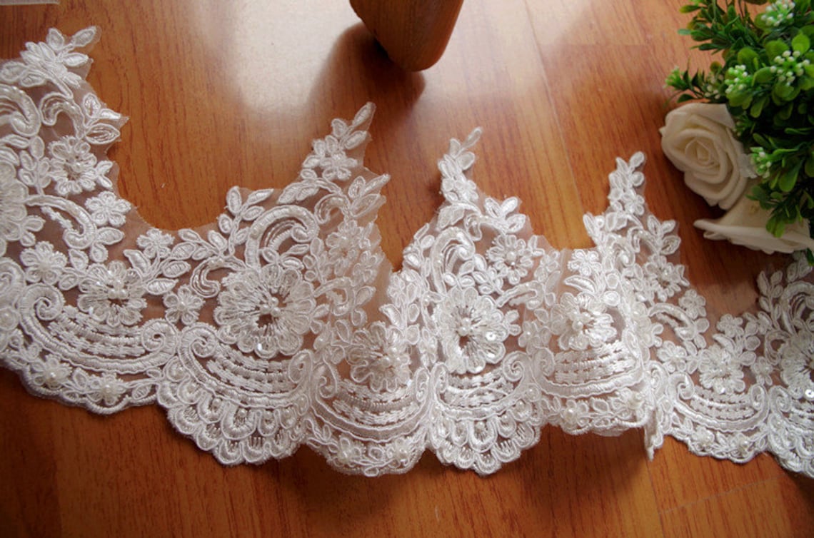 Pearl Beaded Lace Trim Bridal Lace Trim Ivory Alencon Lace Etsy