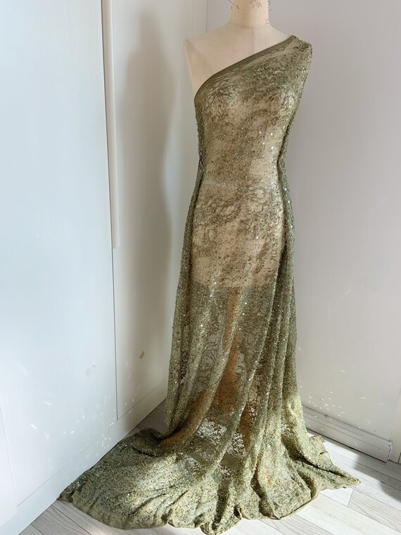 Olive green bead Chantilly lace fabric with sequins, sparkle chantilly lace fabric for bridal dress