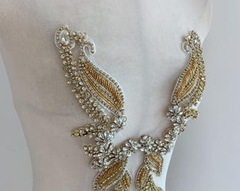 Gold rhinestone appliqué by pair, rhinestone neckline applique for dress, gold bodice applique, dance costume supplies