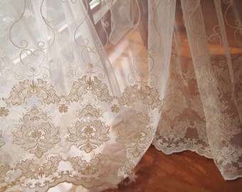 ivory lace fabric, embroidered tulle lace fabric, embroidered mesh lace fabric