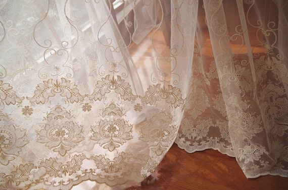 ivory lace fabric, embroidered tulle lace fabric, embroidered mesh lace fabric