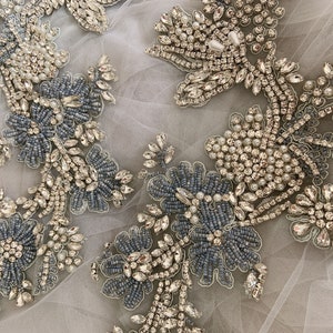 pale blue Handcrafted rhinestone applique, heavy bead bodice patch, crystal applique  patch for couture, costume, bridal dress, ball gown