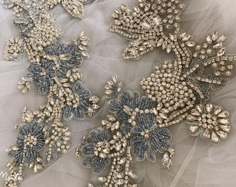 pale blue Handcrafted rhinestone applique, heavy bead bodice patch, crystal applique  patch for couture, costume, bridal dress, ball gown