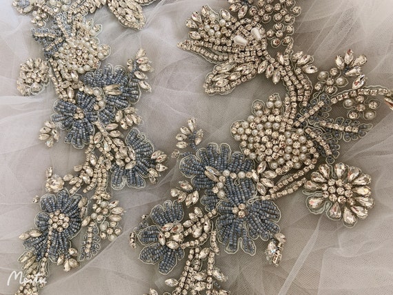pale blue Handcrafted rhinestone applique, heavy bead bodice patch, crystal applique  patch for couture, costume, bridal dress, ball gown