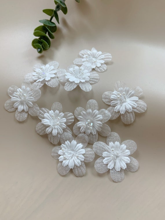 5pcs off white 3d florals applique, heavy bead petals with rhinestone, hand crafted flowers