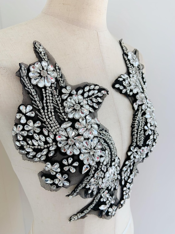 silver Rhinestone appliqué with black base, sparkle rhinestone patch with 3d florals for garment costume
