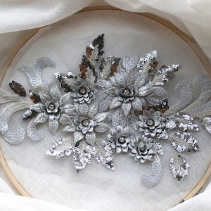 silver gray 3d lace applique, heavy bead lace applique, 3D applique with rhinestone, sequined floral, 3d flower, tulle embroidery lace patch
