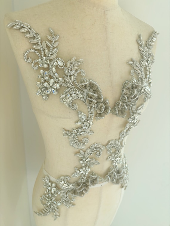 Taupe grey Rhinestone applique with 3d lily flowers for dress costume