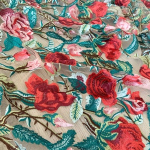 Embroidered Tulle Lace Fabric With Red Roses, Colorful Flowers ...