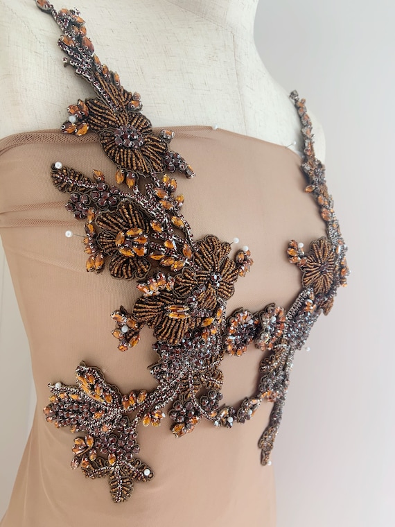 Brown Rhinestone applique, French bead bodice patch for couture, dance costume, bridal dress, ball gown