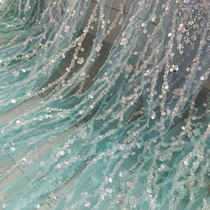 Aqua Green Sparkle Bead Tulle Lace Fabric for Bridal Dress, Dip Dye ...