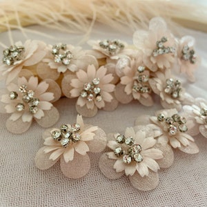 5pcs blush peach 3d flowers applique, heavy bead petals with rhinestone for couture, hand crafted bridal appliques