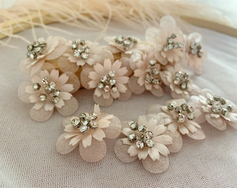 5pcs blush peach 3d flowers applique, heavy bead petals with rhinestone for couture, hand crafted bridal appliques