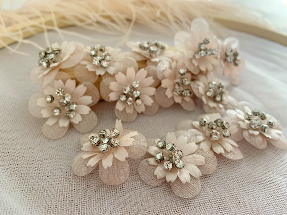 5pcs blush peach 3d flowers applique, heavy bead petals with rhinestone for couture, hand crafted bridal appliques