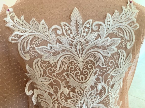 French Lace Applique with florals motif, bridal lace applique with sequins