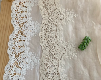 Off white natural Cotton Lace trim, lace-bordered cotton batiste/voile, cotton lace trim with florals, cotton eyelet lace trimming