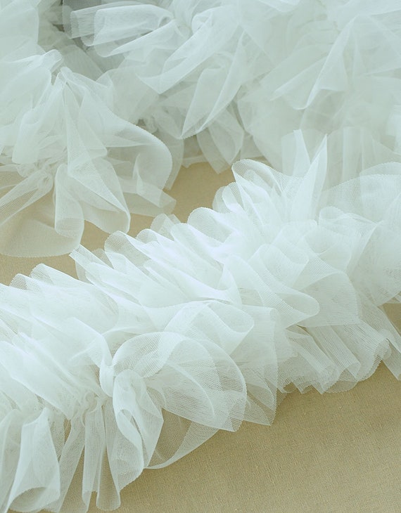 white 6 inches Extra Dense ruffled trim for tutu dress, soft frill trim for cake dress, pleated mesh trim