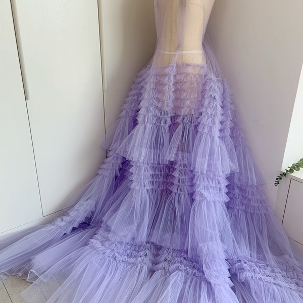 Light purple tulle ruffle Fabric for cake dress, bridal dress fabric, ruffled bridal tulle fabric