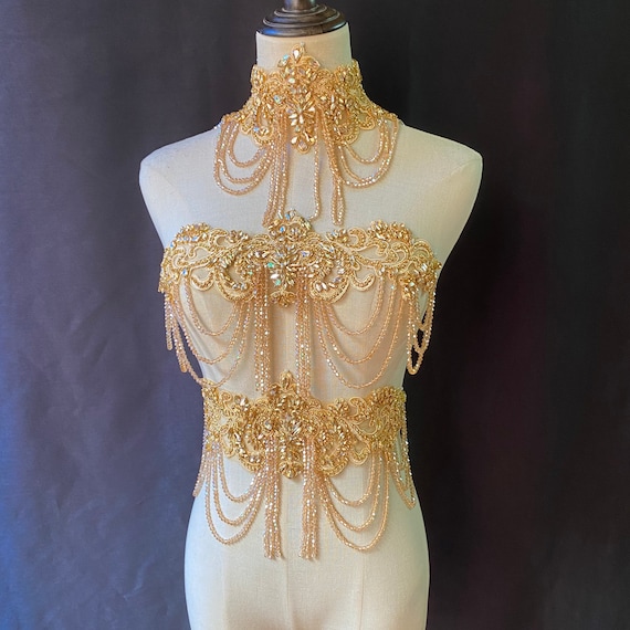 champagne gold Rhinestone applique for bridal cape, body jewelry with fringe, shoulder necklace for couture and dance costume